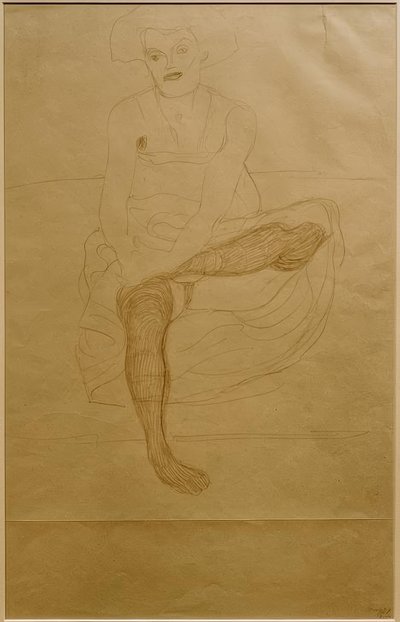 Zittende vrouwelijke halfnaakt van voren door Gustav Klimt