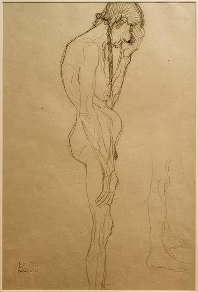 Staande Oude Vrouw in Profiel naar Rechts, Beenstudie door Gustav Klimt