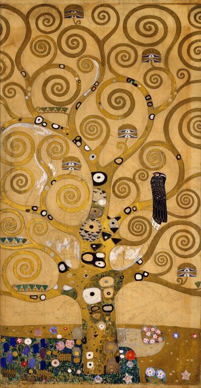Levensboom (Stoclet Fries) detail van de linkerzijde, ca. 1905-09 (tempera & aquarel) door Gustav Klimt