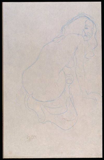 Vrouw leunend naar rechts met lang haar, ca. 1910-11 door Gustav Klimt