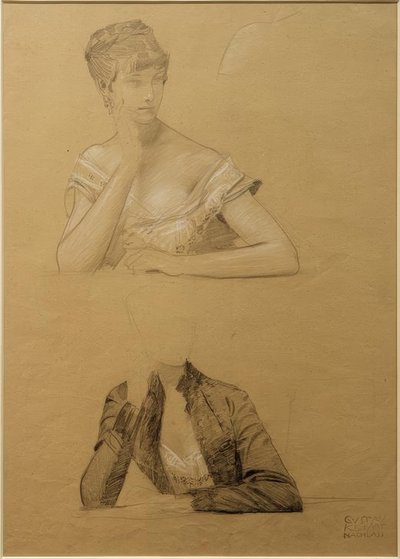 Twee studies van een aan een tafel zittende jonge vrouw door Gustav Klimt