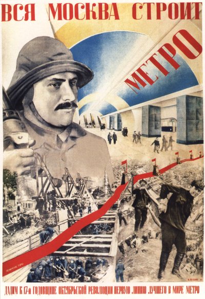 Heel Moskou bouwt de Metro Poster, 1934 door Gustav Klutsis