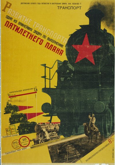 De ontwikkeling van transport, Het Vijfjarenplan Poster, 1929 door Gustav Klutsis