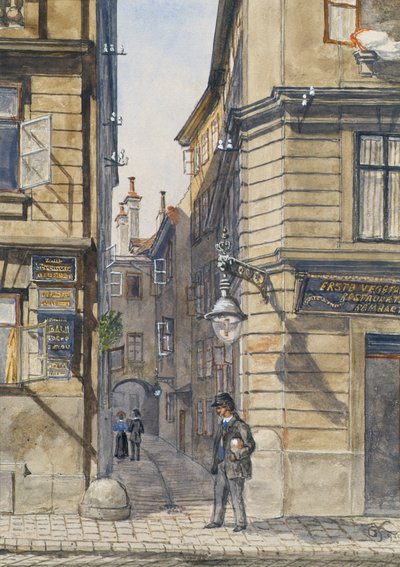 De Brunngasse met het eerste vegetarische restaurant in Wenen door Gustav Korompay