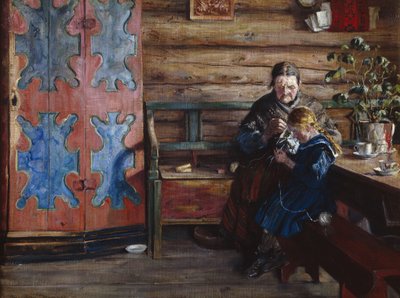 Boerderij interieur met kleindochter door Gustav Wentzel