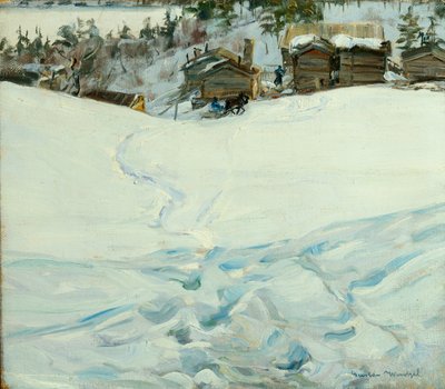 Bergboerderij in winterlandschap door Gustav Wentzel