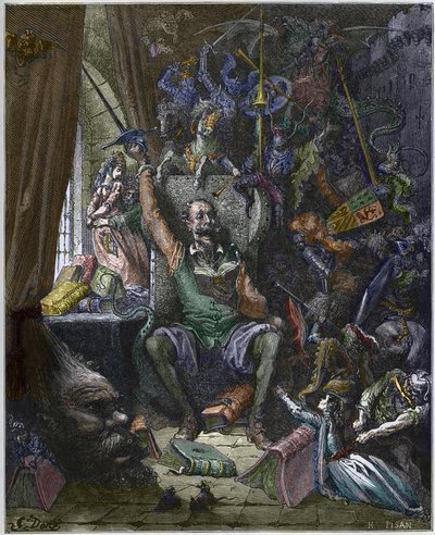 Don Quichot in zijn studeerkamer omringd door de fantomen van zijn dagdromen - 