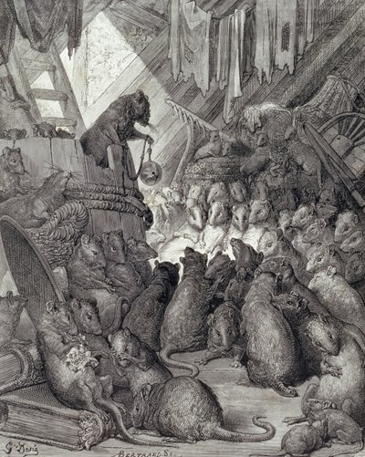 De raad gehouden door de ratten, uit de fabels van La Fontaine, gegraveerd door Antoine Valerie Bertrand (geb. 1823) ca. 1868 door Gustave (after) Dore