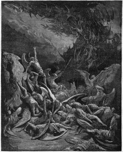 Het verloren paradijs: de gevallen engelen. Naar de tekening van Gustave Dore ter illustratie van 