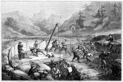 Uitgraven en wassen van zand op de bodem van een rivier, Californië, 19e eeuw door Gustave Adolphe Chassevent Bacques