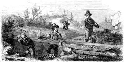 Franse mijnwerkers werken aan een lange tom-sluice, Californië, 19e eeuw door Gustave Adolphe Chassevent Bacques