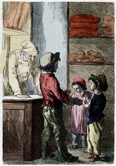 Gavroche geeft brood aan kinderen - in "Les Miserables" door Victor Hugo, ill. door Brion, ed. Hetzel en Lacroix door Gustave Brion