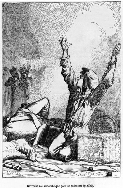 Gavroche was gevallen om weer op te staan, illustratie uit 