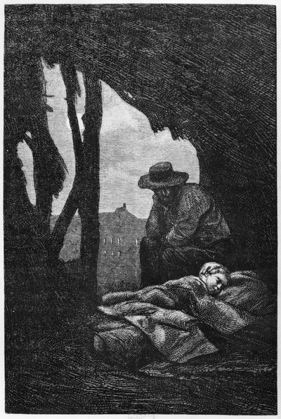 Jean Valjean waakt over de slapende Cosette, illustratie uit 