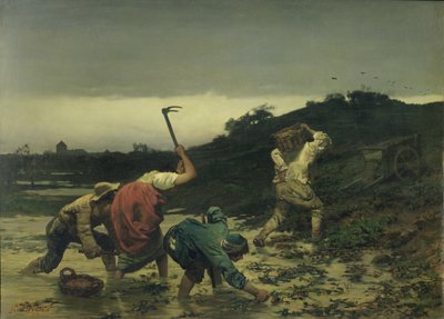 Boeren oogsten aardappelen tijdens de overstroming van de Rijn in 1852 door Gustave Brion