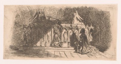 Man knielt voor een gotische graftombe door Gustave Buschmann