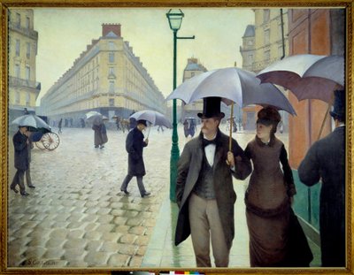 Een straat in Parijs in regenachtig weer in 1877 door Gustave Caillebotte