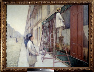 Schilders in een gebouw in 1877 door Gustave Caillebotte