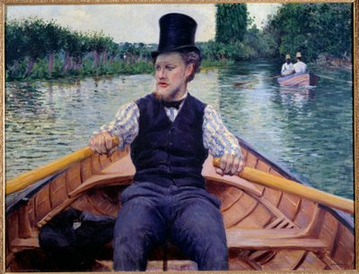 Deel van de boot. Een man met een hoge hoed roeit in een boot door Gustave Caillebotte