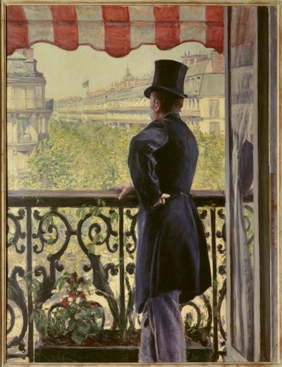 De man op het balkon Een elegante man met een hoge hoed leunt op de reling van een balkon aan de grote Parijse boulevards. Schilderij door Gustave Caillebotte (1848-1894) 1880 Sun. 0.86 x 1.14 m. Privécollectie door Gustave Caillebotte