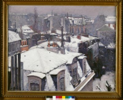 Uitzicht op daken (Sneeuweffect), genaamd Daken onder de sneeuw door Gustave Caillebotte