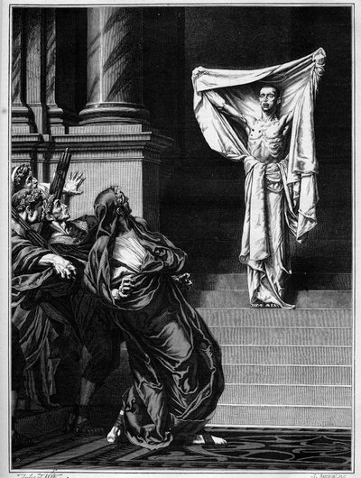 San Sebastian en de Romeinse keizer Maximianus Hercules (Marcus Aurelius Valerius Maximianus) (250 - 310). Gravure naar een schilderij van Gustave Boulanger (1824-1888) gepresenteerd op de Salon van 1877. door Gustave Clarence Rodolphe Boulanger