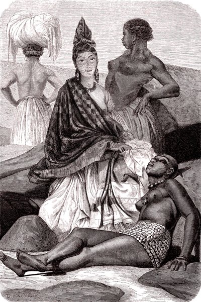 Signare, de mulat-franse Afrikaanse vrouwen op het eiland Gorée, Senegal. 1861 (gravure) door Gustave Clarence Rodolphe Boulanger