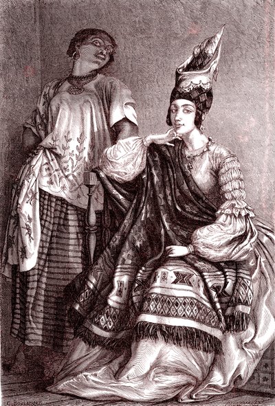 Signare, de mulat-franse Afrikaanse vrouwen in de stad Saint Louis, Senegal. 1861 door Gustave Clarence Rodolphe Boulanger