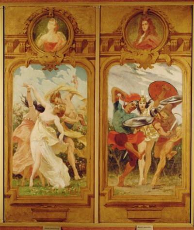 De Foyer de la Danse heeft vier muurschilderingen van Boulanger met een Danse amoureuse, een liefdesdans, en een Danse guerriere, een oorlogsdans ... (muurschildering) door Gustave Clarence Rodolphe Boulanger