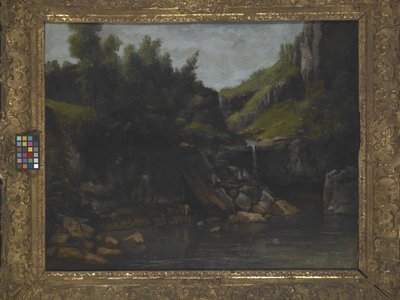 Waterval in een rotsachtig landschap door Gustave Courbet