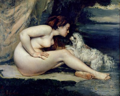 Vrouwelijk Naakt met een Hond (Portret van Leotine Renaude) door Gustave Courbet