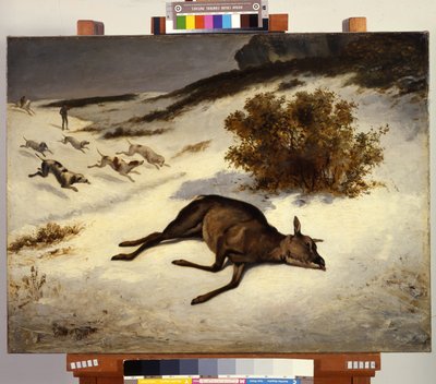 Hind gedwongen om in de sneeuw te gaan liggen door Gustave Courbet