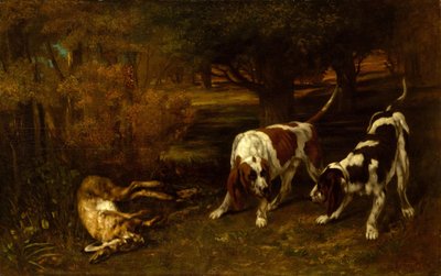 Jachthonden met dode haas door Gustave Courbet
