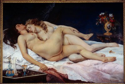 Slaap. Twee naakte vrouwen omhelsd in een bed door Gustave Courbet