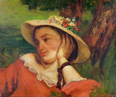 Vrouw met een strohoed met bloemen, c.1857 door Gustave Courbet
