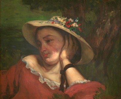Vrouw met bloemen op haar hoed door Gustave Courbet