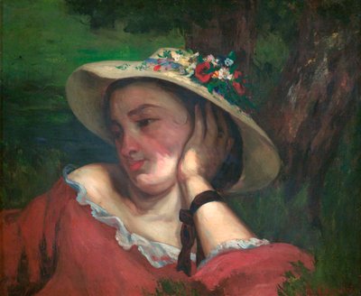 Vrouw met bloemen op haar hoed door Gustave Courbet