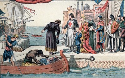 Zevende Kruistocht: Koning van Frankrijk Lodewijk IX vertrekt van Saint John van Acre naar Israël door Gustave Demoulin