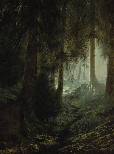 Herten in een boslandschap door Gustave Dore