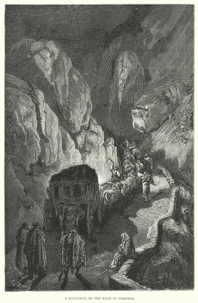 Een diligence op de weg naar Granada (gravure) door Gustave Dore