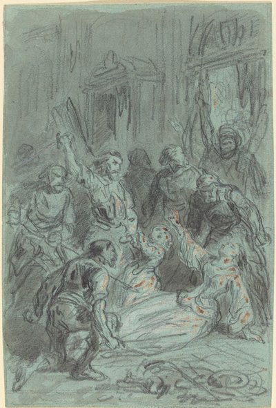 Een dramatische scène met een flauwvallende vrouw door Gustave Dore