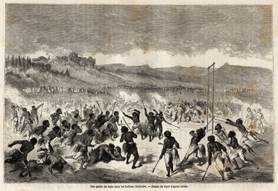 Een balspel onder de Choctaw-indianen, stam uit de Mississippi-regio, getekend door Gustave Doré (1832-1883), ter illustratie van de Mississippi-reis naar de Stille Oceaan in 1853-54 door Baudouin Mollhausen (1825-1905). Gravure in 