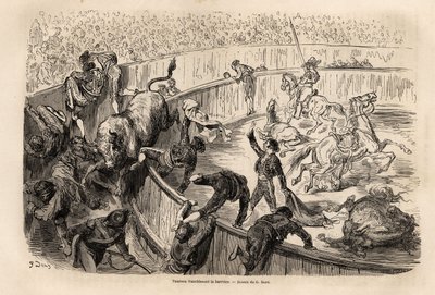 Een stier die de barrière oversteekt tijdens een stierengevecht in Valencia door Gustave Dore