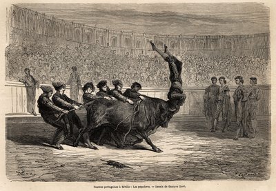 Een stierengevecht, de Pegatores in Sevilla door Gustave Dore
