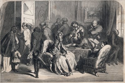 Een wachtkamer van een tandarts. Tekening door Gustave Dore (1832-1883). Gravure in 