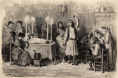 Een begrafenisdans, tijdens de rouwdag in Jijonas (provincie Alicante). Schets gemaakt door Gustave Doré (1832-1883). Gravure ter illustratie van de reis in Spanje, in 1862 door Charles Davillier en Gustave Doré, in 