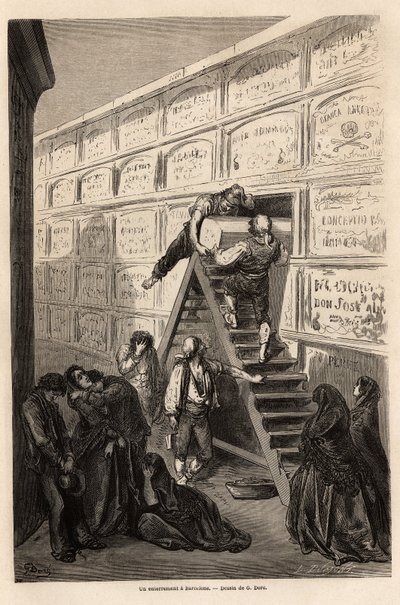 Een begrafenis in Barcelona, tekening door Gustave Dore (1832-1883), om zijn reis naar Spanje te illustreren, met C. Davillier, in 1862. Gravure in 