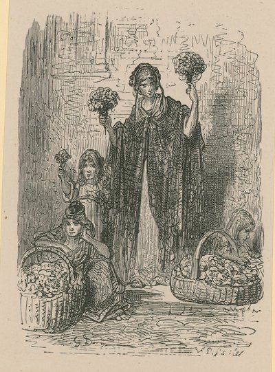 Een groep jonge vrouwen die bloemen uit manden verkopen door Gustave Dore