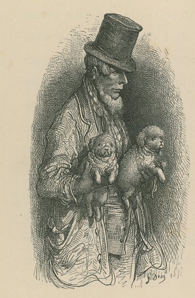 Een man met een hoge hoed die twee honden vasthoudt door Gustave Dore