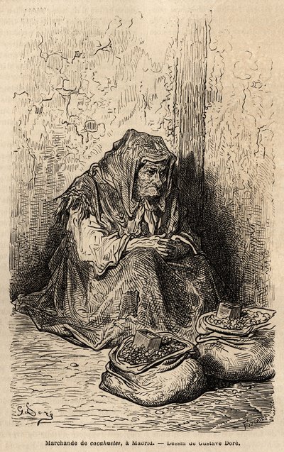 Een pindaverkoper, schets op locatie in de puerta del sol, in Madrid. Gravure door Gustave Doré (1832-1883) ter illustratie van zijn reis naar Spanje, met Ch. Davillier (redacteur), in 1862, gepubliceerd in 